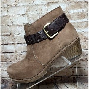 Dansko Michelle Nubuck Leather Ankle Boot EUR 37 US 6.5 - 7 Brown Braided Buckle